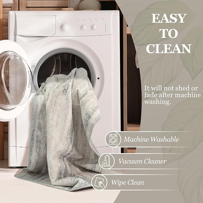 MUJOO Washable Runner Rug 2x8,Modern Abstract Area Rugs for Kitchen Hallways Bedroom Bedside Bathroom Laundry,Non Slip Throw Carpet Long Mat Indoor,Low Pile Accent Neutral Beige and Grey