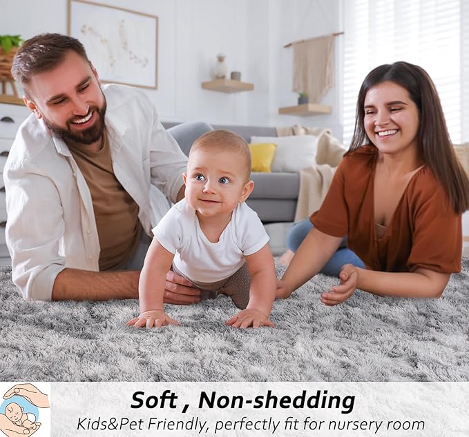 Beglad Fluffy Large Area Rugs 6x9 Feet, Modern Minimalist Style Shag Fuzzy Rugs, Non-Slip Indoor Carpet Soft Rugs for Kids Room, Bedroom & Living Room, Tie-Dyed Light Grey