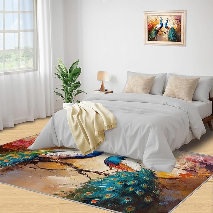 Peacock Rug 6x8-6x8 Rug, Classic Peafowl Floral Area Rugs for Bedroom, Peacock Couples Rugs for Living Room, Oil Painting Art Washable Mat, Aesthetics Carpet - Peafowl Home Decor & Gifts