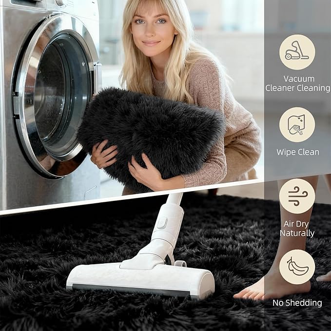 6x9 Shag Large Rugs for Living Room Bedroom, Fluffy Soft Durable Non-Shedding, Shaggy Bedside Rug for Dorm, Indoor Floor Carpet for Kids Girls and Boys, Dorms, Nursery Rooms, Home Decor, Black