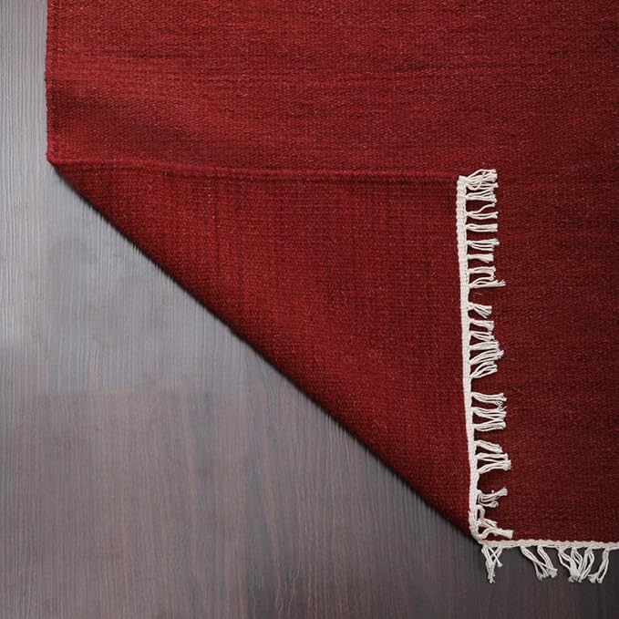 Rugsotic Carpets Hand Woven Flat Weave Kilim Wool 4'x6' Area Rug Solid Burgundy D00111