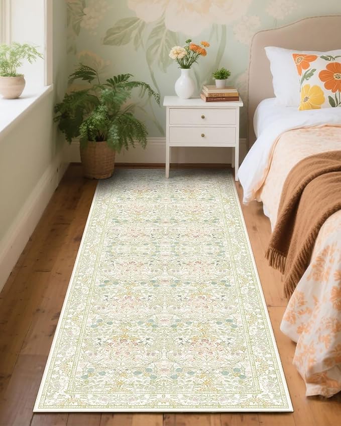 Lunasun Sage Green Long Bedroom Bedside Runner Rugs, 2x6 Non Slip Boho Floral Throw Rug for Kitchen, Hallway, Indoor Entrance, Foyer, Bathroom - Farmhouse Thin Front Door Low Pile Mat