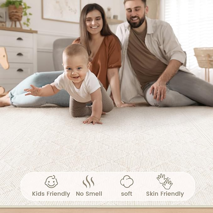 4x6 Geometric Rug: Washable Boho Moroccan Throw Rug Neutral Modern Farmhouse Indoor Soft Non Slip Ultra Thin Printed Pattern Rugs for Kitchen Bedroom (Beige, 4'x6')