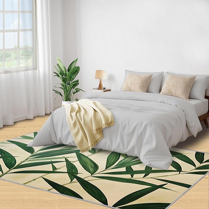 2x4 Bamboo Leaves Runner Rug for Hallway - Realistic Botanical Art Kitchen Mat, Minimalist Leaves Kitchen Runner Rug Soft Non Slip Anti Fatigue for Laundry Room Indoor Hallways