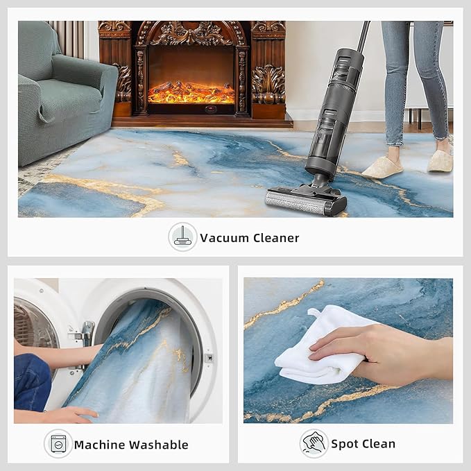 8x10 Abstract Marble Rugs for Living Room - Blue-White-Marble Large Area Rug, Luxury Stone Pattern Modern Boy Nursery Rug Soft Washable for Classroom Office Bedroom Kids Room