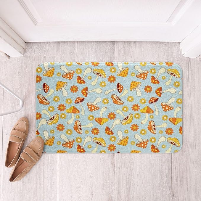Erosebridal Hippie Mushroom Bath Rugs Kids Cute Groovy Floral Bathroom Mats Boho Retro 70s Theme Decor Bath Carpets 20x32 Bohemian Kawaii Floor Mats Girls Flower Bathroom Rugs