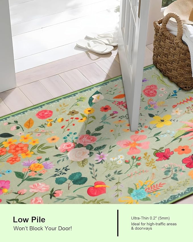 Boho Floral Entryway Rug 2x3, Washable Small Mat for Bathroom and Kitchen, Non Slip Front Door Mat Indoor Entrance, Vintage Style Flower Mat with Rubber Backing, Soft Area Rug for Entry Way (Green)