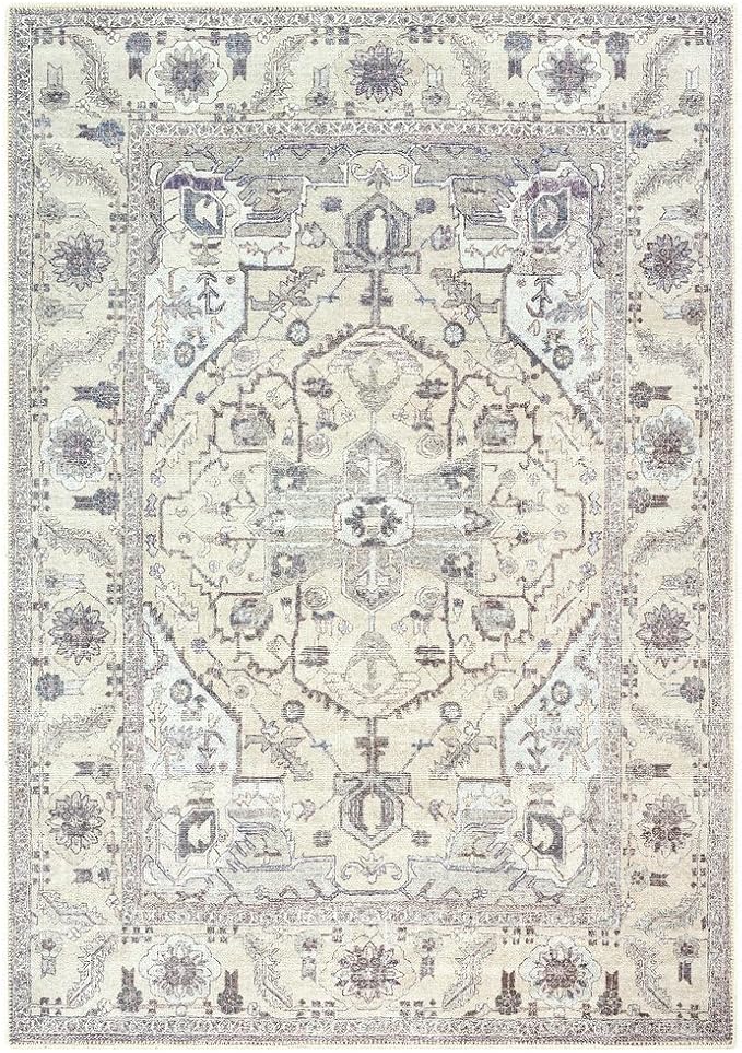 GLN Rugs Traditional Collection - Machine Washable Area Rug, Traditional Washable, Non Slip, Low Pile Chenille Rug, Living Room, Bedroom, Kitchen Rug (8' x 10' Cream/Gray)