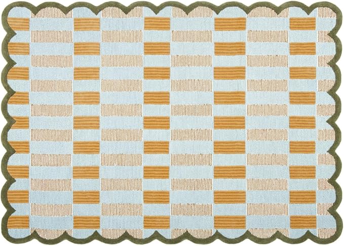 Hand-Tufted Wool Rug with Scalloped Edges, Light Blue Plaid Pattern, Cozy Soft Area Rug for Living Room, Bedroom, and Nursery, Handmade Modern Accent Rug, 2.5x12 Ft (Runner)
