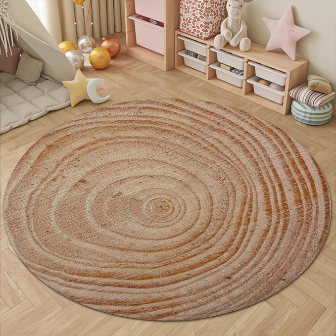 Tree Stump Growth Rings Washable Round Rugs Wood Color Texture Circle Rugs for Living Room Entryway Round Area Rug Soft Non Slip Nursery Carpet for Bedroom Dining Coffee Table 8ft