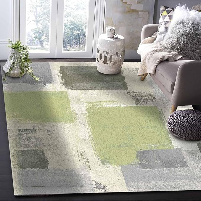 Sage Green Rectangular Area Rugs for Living Room Bedroom 4 x 6 ft Abstract Paint Texture Modern Art Non-Shedding Soft Low Pile Rug Non Slip Washable Rug for Nursery Entryway Playroom