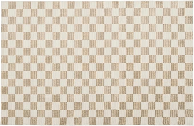Revival Rugs Gambit 5'3"x8' Checkered Rug Washable Area Rug for Living Room Bedroom - 100% Recycled Oeko-TEX Certified, Medium Pile, Camel, Beige