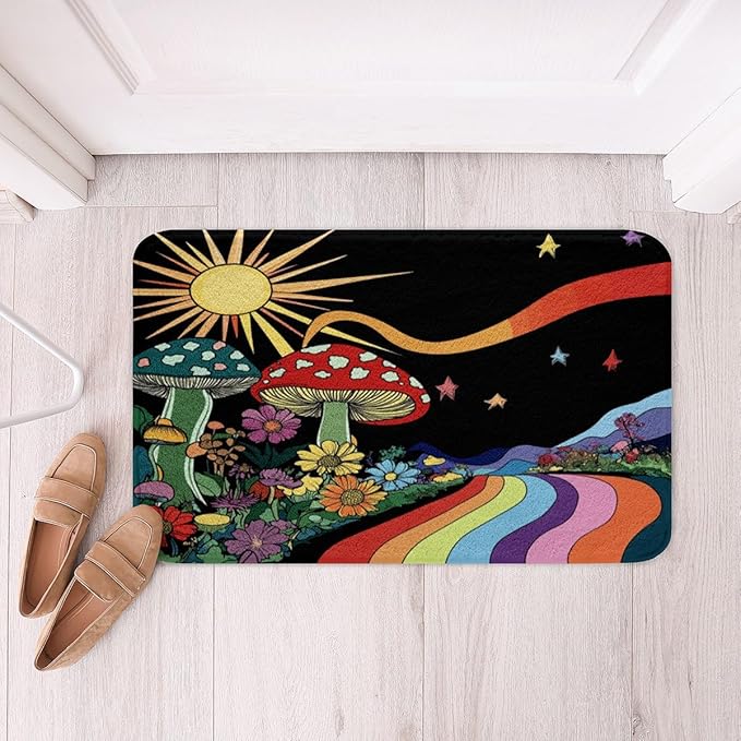 Erosebridal Trippy Mushroom Rugs Groovy Floral Fluffy Rugs Rainbow Striped Indoor Entry Rug 16x24 Hippie Boho Eye Non Slip Bathroom Carpet Starry Night Floor Mats 70s Theme Decor