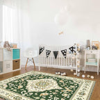 Green Bohemian Rectangular Area Rugs for Living Room Bedroom 4 x 6 ft Vintage Farmhouse Floral Pattern Non-Shedding Soft Low Pile Rug Non Slip Washable Rug for Nursery Entryway Playroom