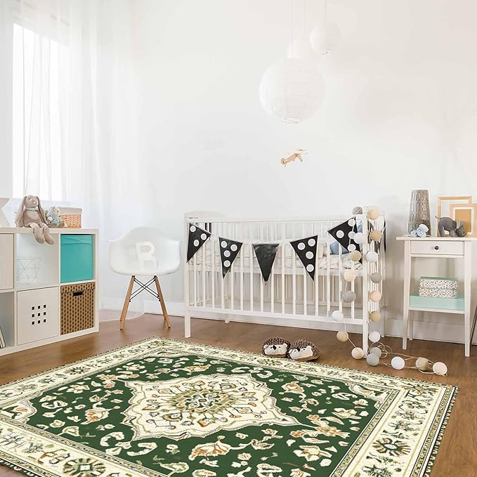 Green Bohemian Rectangular Area Rugs for Living Room Bedroom 5 x 6.9 ft Vintage Farmhouse Floral Pattern Non-Shedding Soft Low Pile Rug Non Slip Washable Rug for Nursery Entryway Playroom