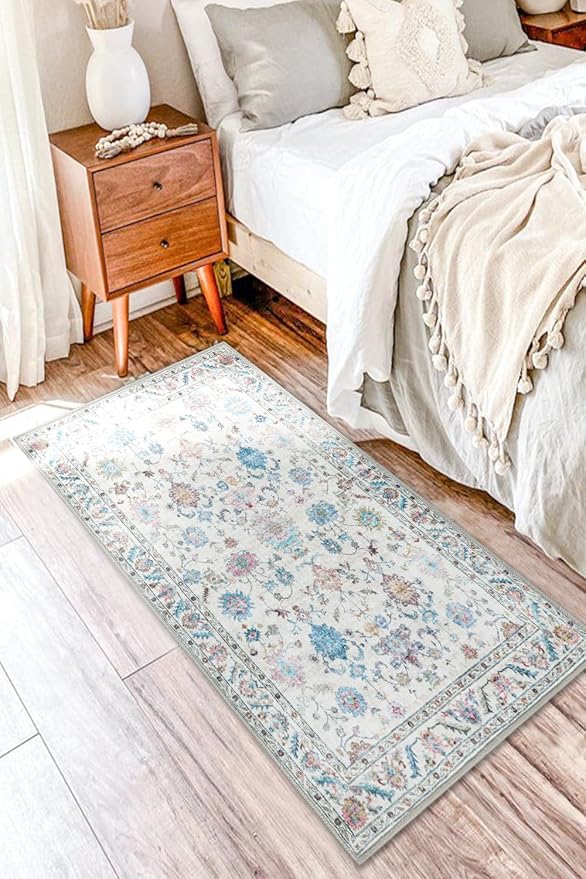 COMSLE Washable Door Mat, Front Door Mat Indoor Faux Wool Absorbent Small Rugs for Entryway Distressed Throw Rug Non-Slip Accent Floor Carpet for Entrance Bedroom, 24X48 Inches Pink Floral