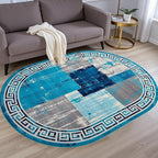 Distressed Blue Grey Greek Key Pattern Indoor Area Rug 7x10 for Living Room Bedroom Dining Room Faux Wool Anti Slip Floor Mats Nursery Entryway Minimalist Geometric Texture Bordered Rugs Retro Carpet