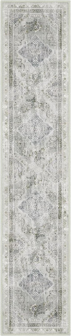 Phantoscope Washable Runner Rug 2'x10' Non-Slip, Vintage Neutral Hallway Rugs for Entryway, Stair, Bedroom, Distressed Boho Medallion Pattern, Low-Pile Foldable Floor Carpet, Silver Grey/Taupe