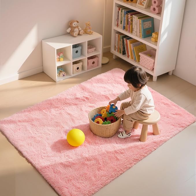Zentavio Pink Rugs for Girls Room 4x6 Area Rugs for Living Room Cute Carpet for Bedroom Washable Soft Fluffy Shag Aesthetic Plush High Pile Throw Rug for Nursery Kids Room Dorm Room