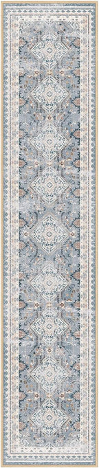 Phantoscope Washable Runner Rug 2'x8' Non-Slip, Vintage Neutral Hallway Rugs for Entryway, Stair, Bedroom, Distressed Boho Geometric Medallion Pattern, Low-Pile Foldable Carpet, Dusty Blue/Multi