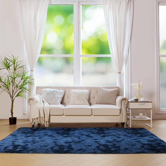 duduta 6x9 ft Navy Blue Rectangle Fluffy Rug, Tie-Dyed Shag Fuzzy Plush Rectangle Carpet for Bedroom Nursery Living Room Home Decor