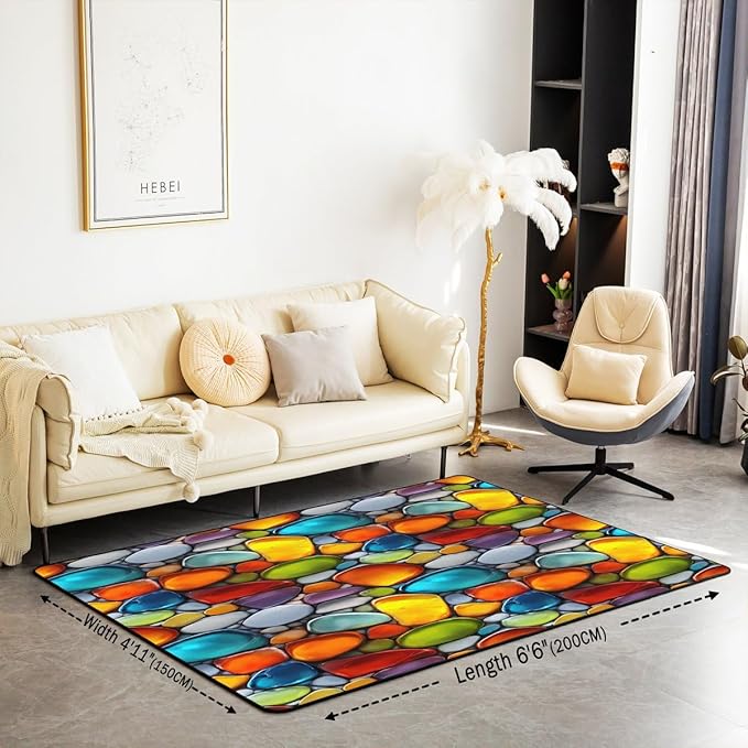Cobblestone 5x7 Area Rug Rainbow Pebble Living Room Rug | Garden Gravel Stone Rugs for Bedroom, Watercolor Cobble Carpet Indoor Floor Mat