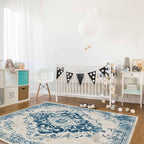 Blue Bohemian Rectangular Area Rugs for Living Room Bedroom 5 x 8 ft Vintage Farmhouse Floral Pattern Non-Shedding Soft Low Pile Rug Non Slip Washable Rug for Nursery Entryway Playroom