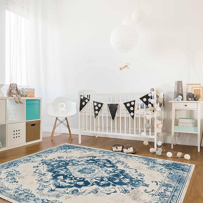 Blue Bohemian Rectangular Area Rugs for Living Room Bedroom 5 x 6.9 ft Vintage Farmhouse Floral Pattern Non-Shedding Soft Low Pile Rug Non Slip Washable Rug for Nursery Entryway Playroom