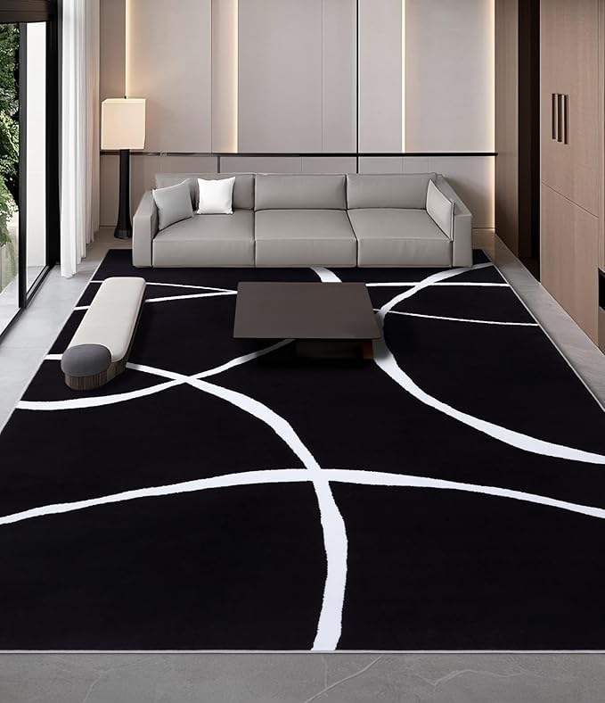 YIHOUSE Modern Washable Area Rug for Living Room Bedroom - Large Abstract Black and White Rug Non-Slip Ultra-Thin Home Decor (Dark Curve, 8'x10'ft)