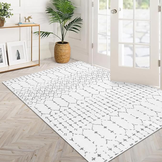 Lahome Moroccan Living Room Area Rug - Washable Rugs 4x6 Non-Slip Soft Throw Rugs for Bedroom White Lightweight Large Rug, Modern Geometric Print Low-Pile Capet for Classroom Office Dining Room(White)