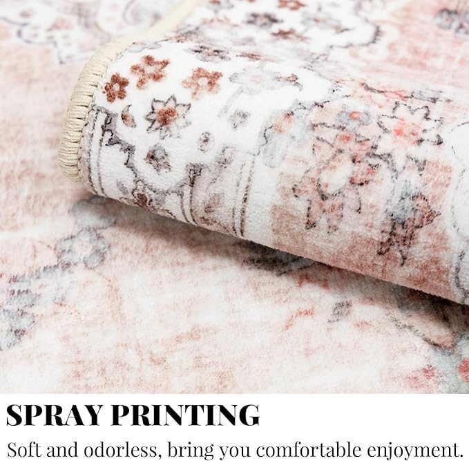 MUJOO Pink Round Rug 9ft,Large Circle Washable Area Rugs for Bedroom Living Room Bathroom,Boho Non Slip Circular Carpet,Blush Floral