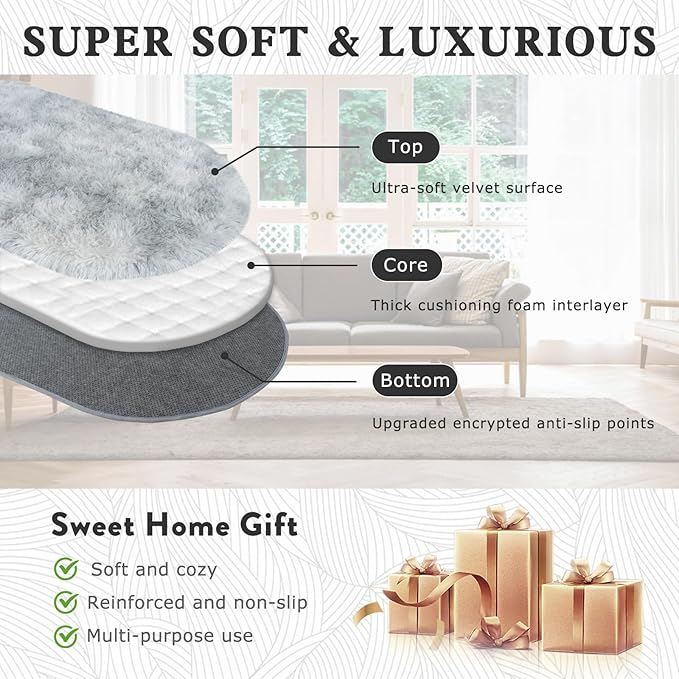 Soft Fluffy Area Rug for Bedroom, Tie-Dye Grey Fuzzy Shaggy Oval Throw Rugs for Bedside, Non-Slip Cozy Plush Shag Carpet for Kids Room Nursery Dorm Living Room, 2.6 x 5.3 Feet