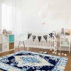 Bohemian Pattern Rectangular Area Rugs for Living Room Bedroom 5 x 6.9 ft Blue & Yellow Abstract Non-Shedding Soft Low Pile Rug Non Slip Washable Rug for Nursery Entryway Playroom