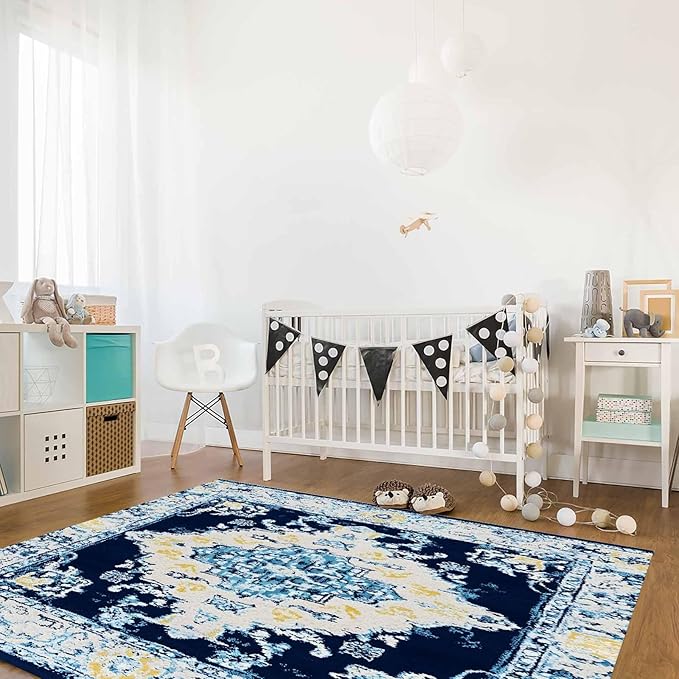 Bohemian Pattern Rectangular Area Rugs for Living Room Bedroom 3 x 5 ft Blue & Yellow Abstract Non-Shedding Soft Low Pile Rug Non Slip Washable Rug for Nursery Entryway Playroom