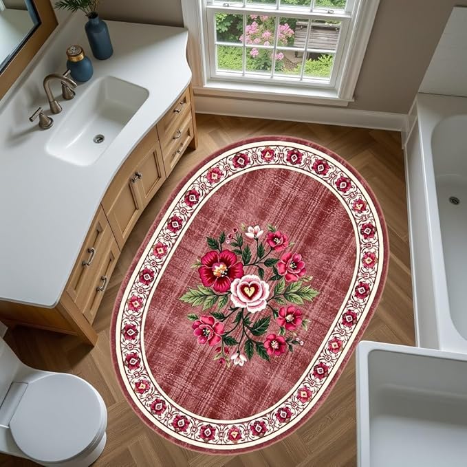 Retro Country Distressed Burgundy Green Florals Texture Bordered Rugs 7x10 for Living Room Bedroom Dining Room Soft Washable Non Skid Area Rug Guestroom Kitchen Doormats Rustic Indoor Oval Carpet
