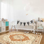 Orange Bohemian Rectangular Area Rugs for Living Room Bedroom 4 x 6 ft Vintage Farmhouse Floral Pattern Non-Shedding Soft Low Pile Rug Non Slip Washable Rug for Nursery Entryway Playroom