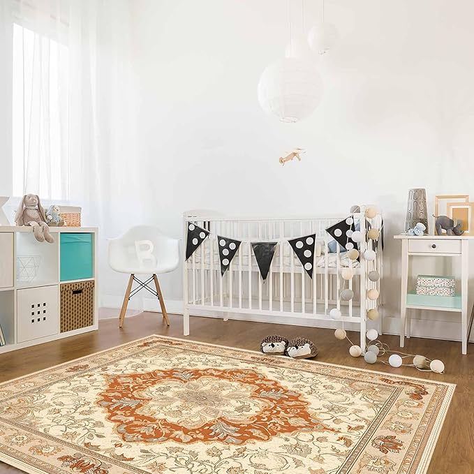 Orange Bohemian Rectangular Area Rugs for Living Room Bedroom 3 x 5 ft Vintage Farmhouse Floral Pattern Non-Shedding Soft Low Pile Rug Non Slip Washable Rug for Nursery Entryway Playroom