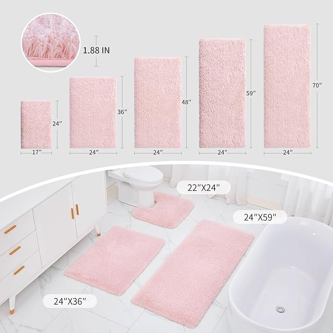 Bathroom Runner Rug 24x59 Pink Non Slip Fluffy Long Bath Mat for Bathroom Floor Washable Plush Luxury Bath Rug for Tub Absorbent Shower Sink Mat Bedside Rug