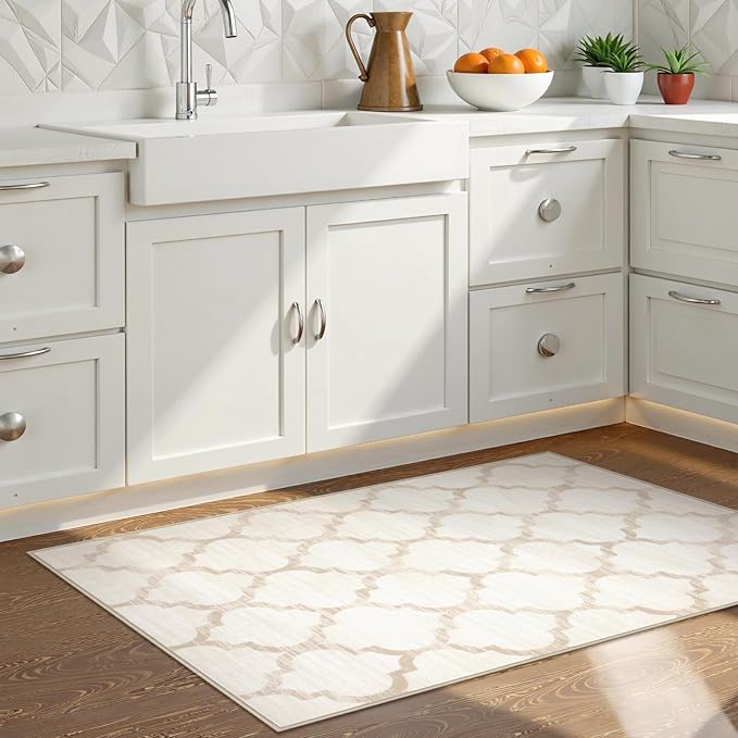 Lahome Moroccan Runner for Hallway - 2x4 Area Rug Washable Non-Slip Soft Bathroom Runner Ultra-Thin Small Kitchen Mat, Modern Print Distressed Floor Runners for Entryway Bedroom (Beige, 2'x4')