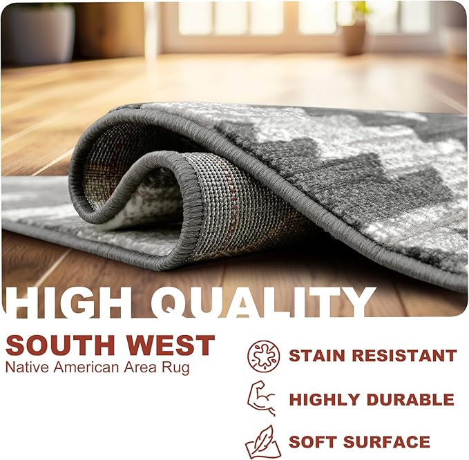YHSF South West Native American Rug Ritz – Native Tribal American Indian Inspired Rug - Living Room, Bedroom, Hallway, Entryway & High-Traffic Area Rugs - Washable - Soft - Dark Grey, 8 Feet x 10 Feet