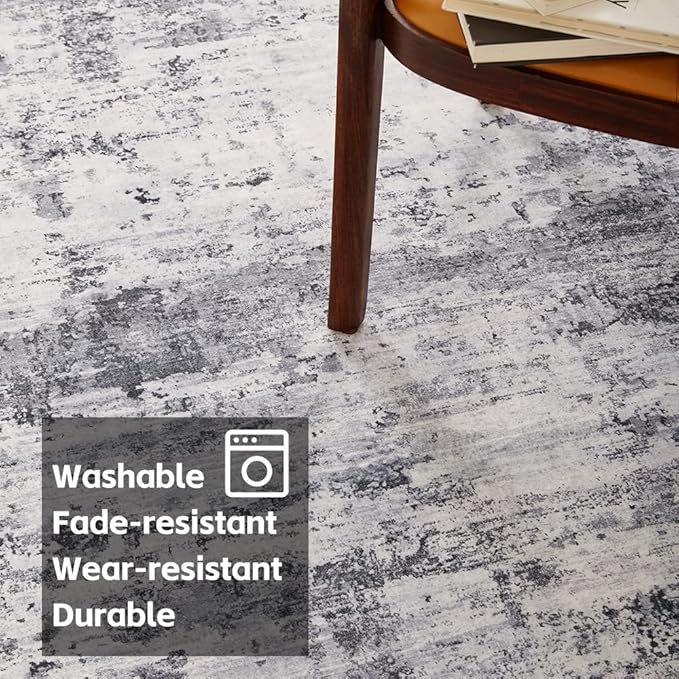 Area Rug 8x10 Washable Rug Black for Living Room, Dining Room, Bedroom, Large Carpets, Non Slip & Non-Shedding Low Pile Vintage Print Rug for Home Office Decor