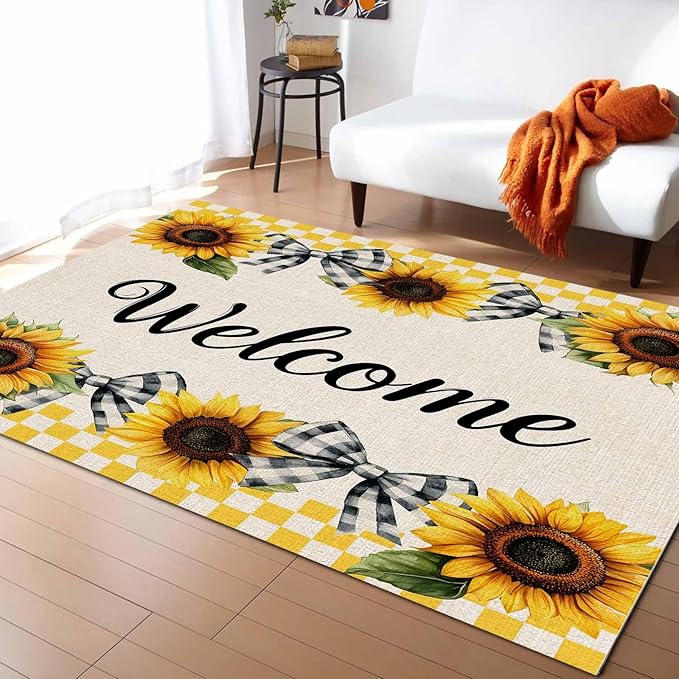 Summer Sunflowers Rectangular Welcome Area Rugs for Living Room Bedroom 5 x 6.9 ft Bow Tie Plaids Non-Shedding Soft Low Pile Rug Rustic Linen Non Slip Washable Rug for Nursery Entryway Playroom