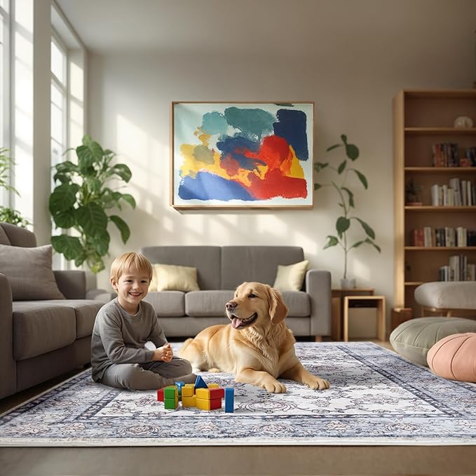 Area Rug 5x7, Washable Faux Wool Throw Rugs for Living Room, 0.3″ Non Slip Low Pile Vintage Boho Carpet for Ding Room, Home Office, Bedroom, Kids Room, Bedside (Gray Purple)