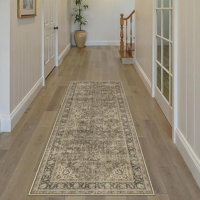 2x7 Washable Brown Runner Rug Vintage Hallway Kitchen Carpet Non-Slip Soft Low Pile Distressed Throw Rug for Bedroom Bathroom Laundry Living Room