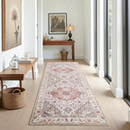 Runner Rug 2×6, Machine Washable Non-Slip Vintage Area Rug, Low Pile, Indoor Carpet Printed Floral Rugs for Living Room, Entryway, Kitchen, Bedroom,Beige