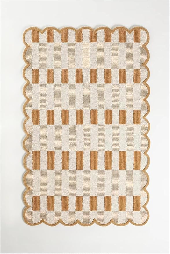 Hand-Tufted Wool Rug with Scalloped Edges, Light Blue Plaid Pattern, Cozy Soft Area Rug for Living Room, Bedroom, and Nursery, Handmade Modern Accent Rug (Neutral, 12X18 FEET)