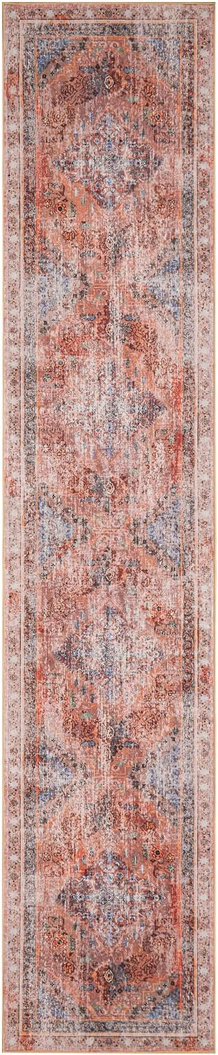 Phantoscope Washable Runner Rug 2'x10' Non-Slip, Vintage Neutral Fall Hallway Rugs for Entryway, Stair, Bedroom, Distressed Boho Medallion Pattern, Low-Pile Foldable Floor Carpet, Rust Orange