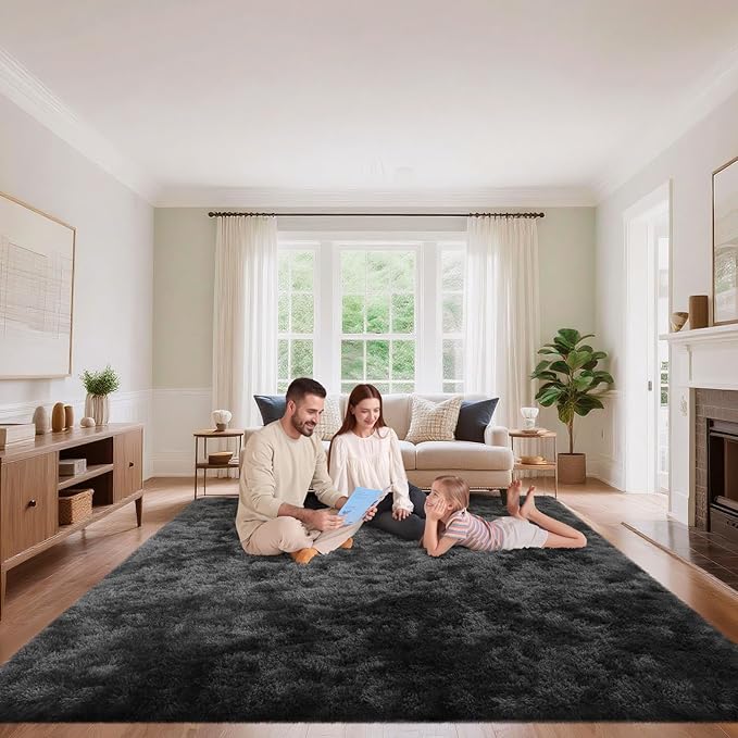 Area Rugs 9x12 Living Room, Fluffy Large Rugs for Bedroom, Soft Shag Fuzzy Non-Slip Carpet for Kids Boys and Girls Nursery Room Dorm Indoor Home Decor (Tie-Dyed Black Grey, 9ft x 12ft)