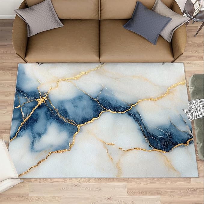 5x6 Abstract Marble Rugs for Office - Blue-White-Marble Living Room Carpet, Luxury Stone Pattern Bedroom Area Rug Kids Low Pile Rug for Indoor Outdoor Hardwood Floors Home Decor