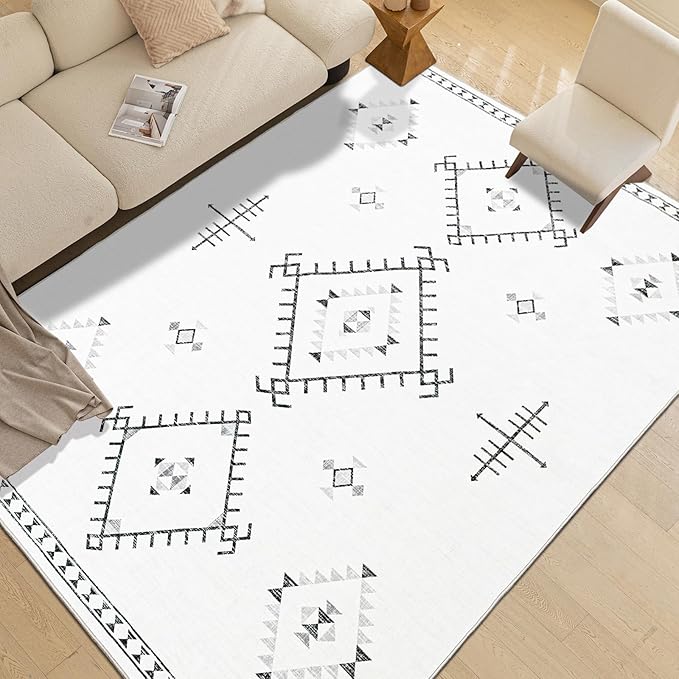 ILANGO Area Rug 3'x5' for Living Room Bedroom Washable Moroccan Boho Rugs for High Traffic Area Non Slip & Non-Shedding Rugs Fade Resistant Carpet for Doorway Entryway Kitchen Laundry (White)